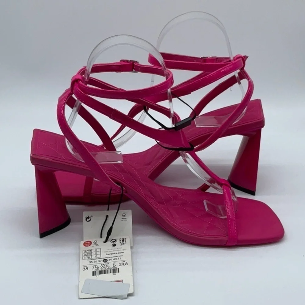 Bershka mid heel T-bar sandals in hot pink